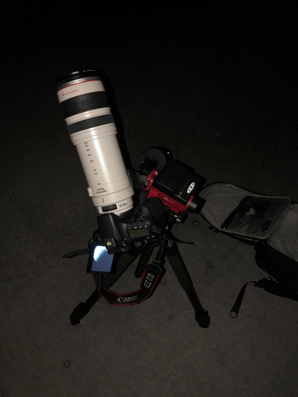Canon 60D, a Canon telephoto zoom lens, and a struggling ioptron skyguider